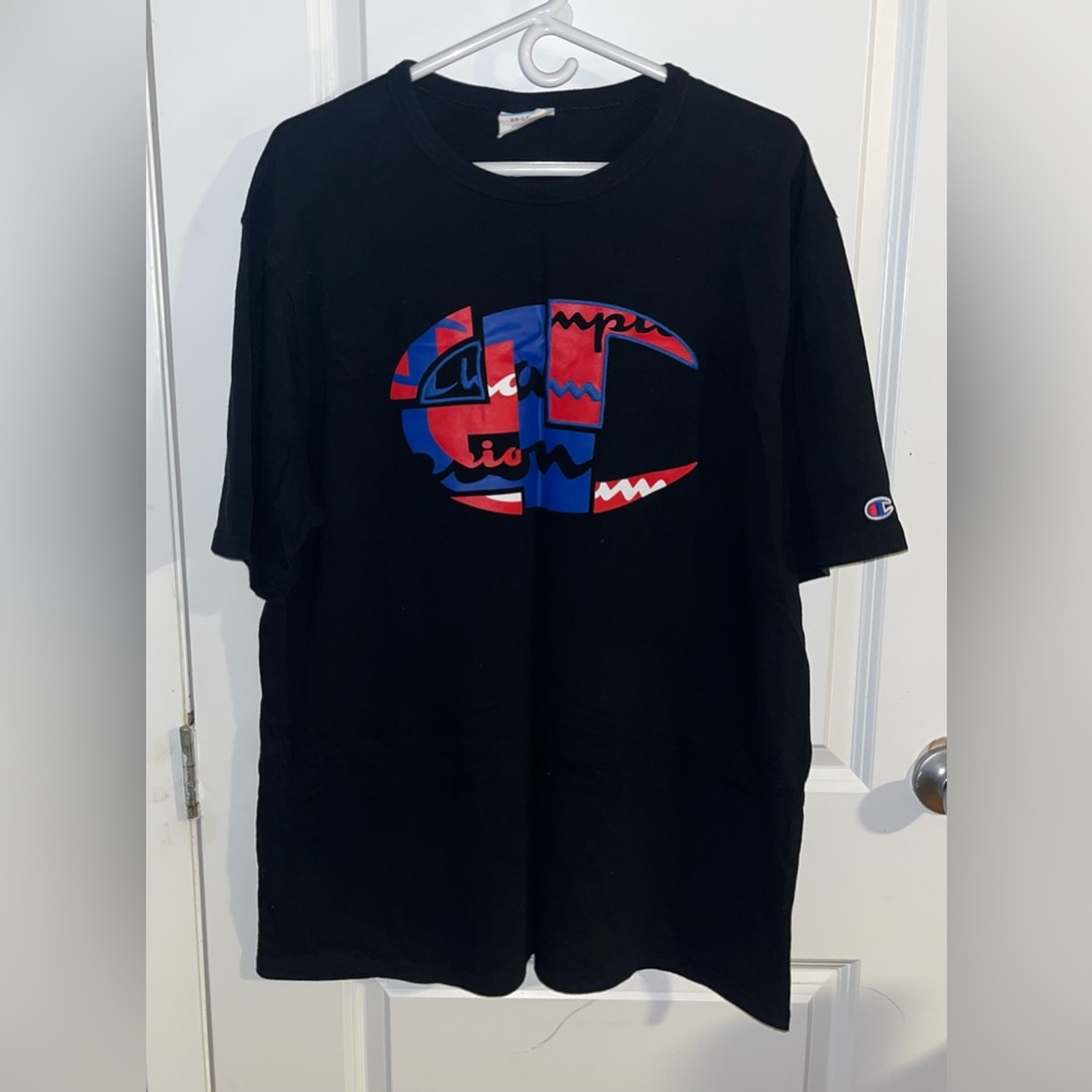 Champion Black Split Script Big Logo Embroidered Short Sleeve Crew Neck T Shirt